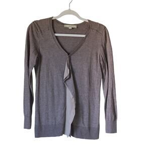 Women's Loft Taupe Tan V Neck Long Sleeve Sweater Ruffle SP